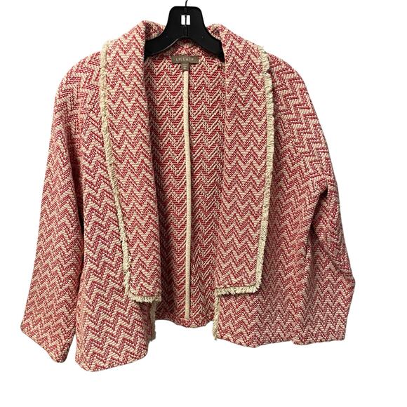 Lilla P Open Front Red Cream Chevron Pure Cotton Knit Jacket Womens Medium - Picture 1 of 6